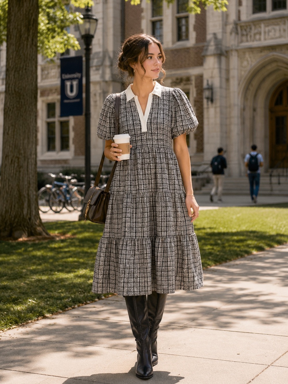 English Factory plaid A-line tiered midi dress